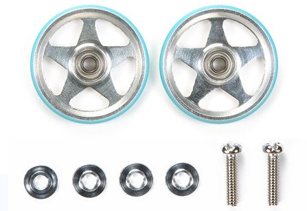 Tamiya 94996 - JR 19mm Aluminum Rollers (5 Spokes) w/Plastic Rings (Light Blue)